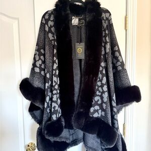 New! Kathy Ireland Safari Skies Faux Fur Trimmed Black/ Gray Women's Cape/Shawl